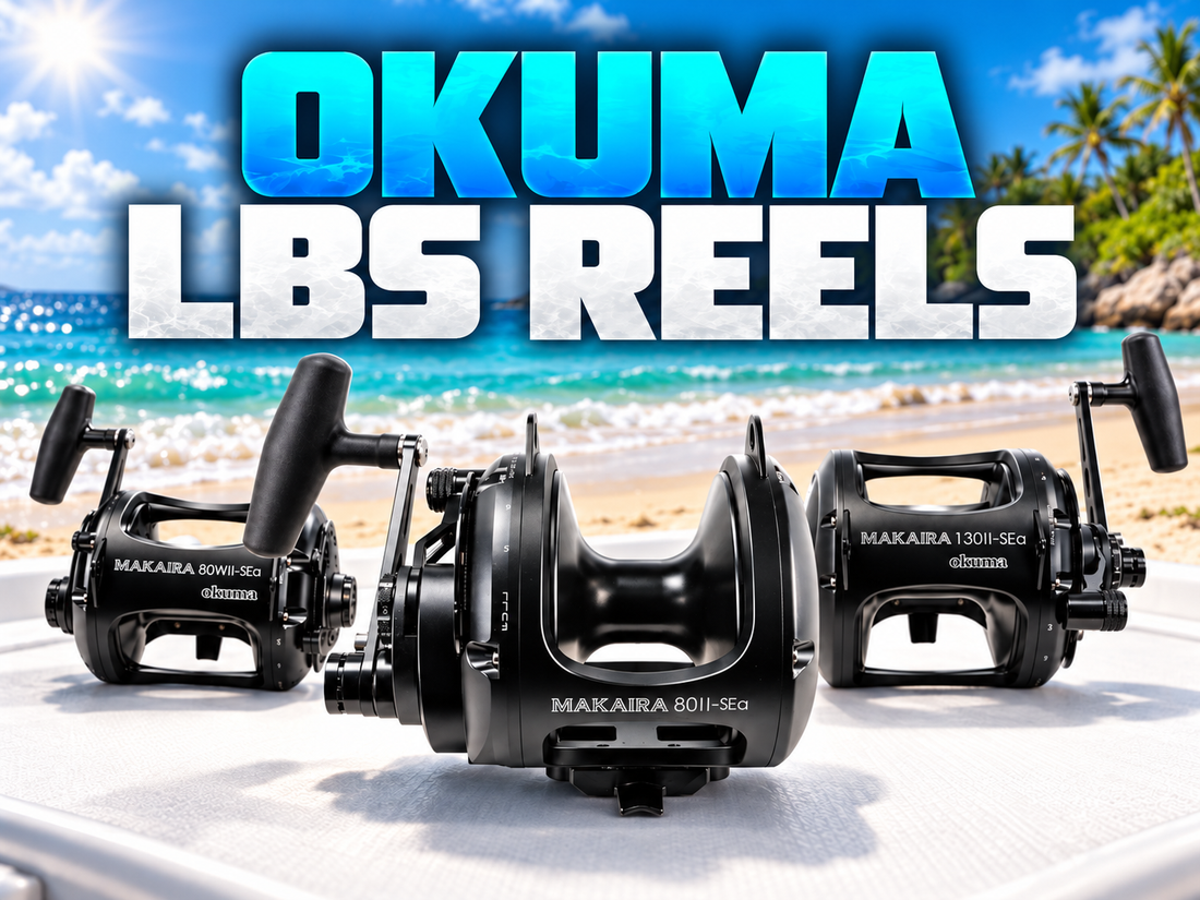 Okuma Makaira SEa LBS 80W, 80, and 130 reels on a beach