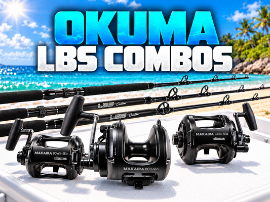Okuma Makaira LBS reels and LBS Shark Series rods set up as land-based shark fishing combos