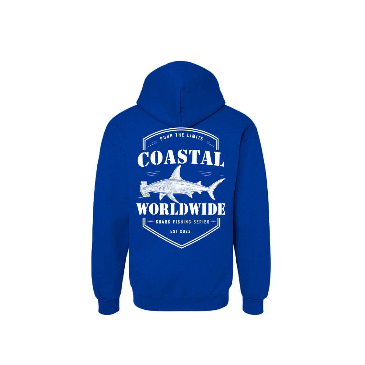 Shark Series Sweatshirt in Deep Royal, white ink, back view