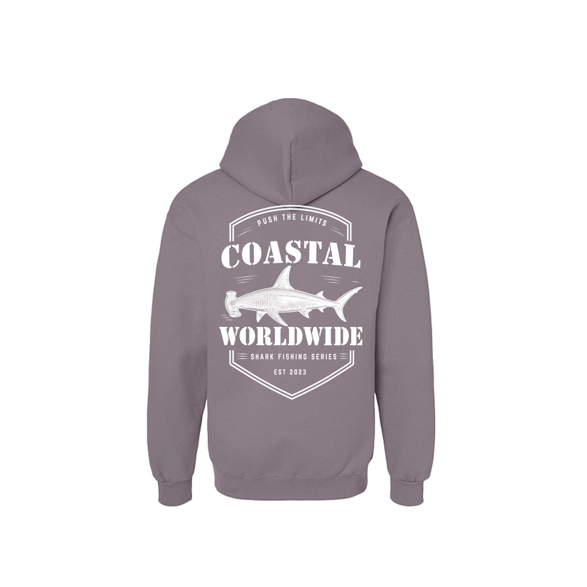Shark Series Sweatshirt in Gravel, white ink, back view