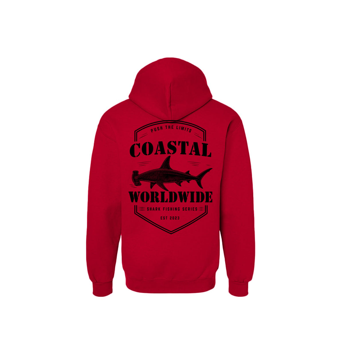 Shark Series Sweatshirt in Cherry Red, black ink, back view