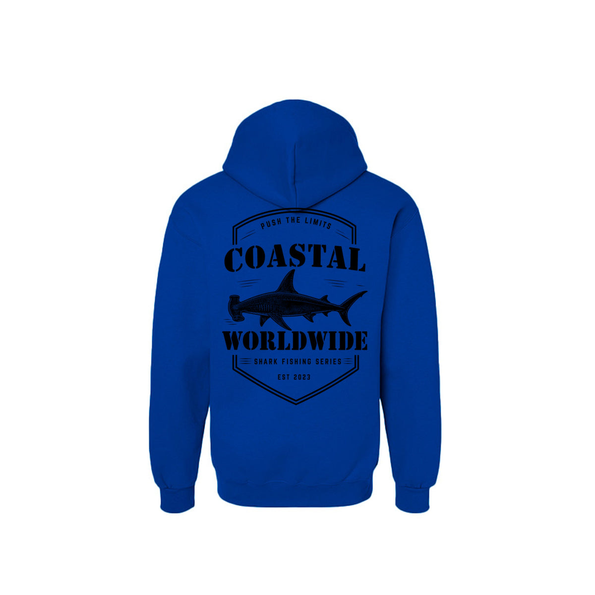 Shark Series Sweatshirt in Deep Royal, black ink, back view