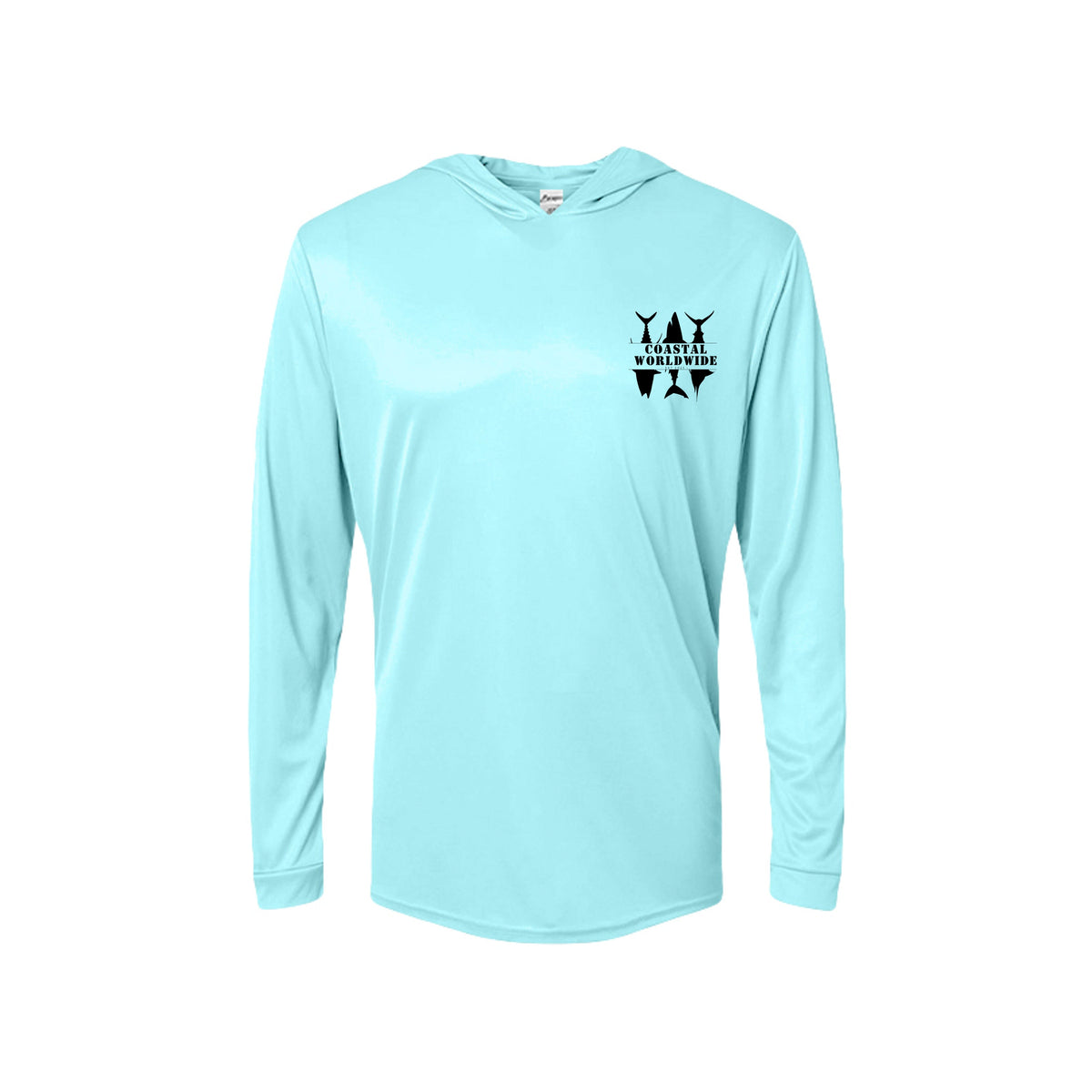 CWW Series UV Hooded in Aqua Blue, black ink, front view