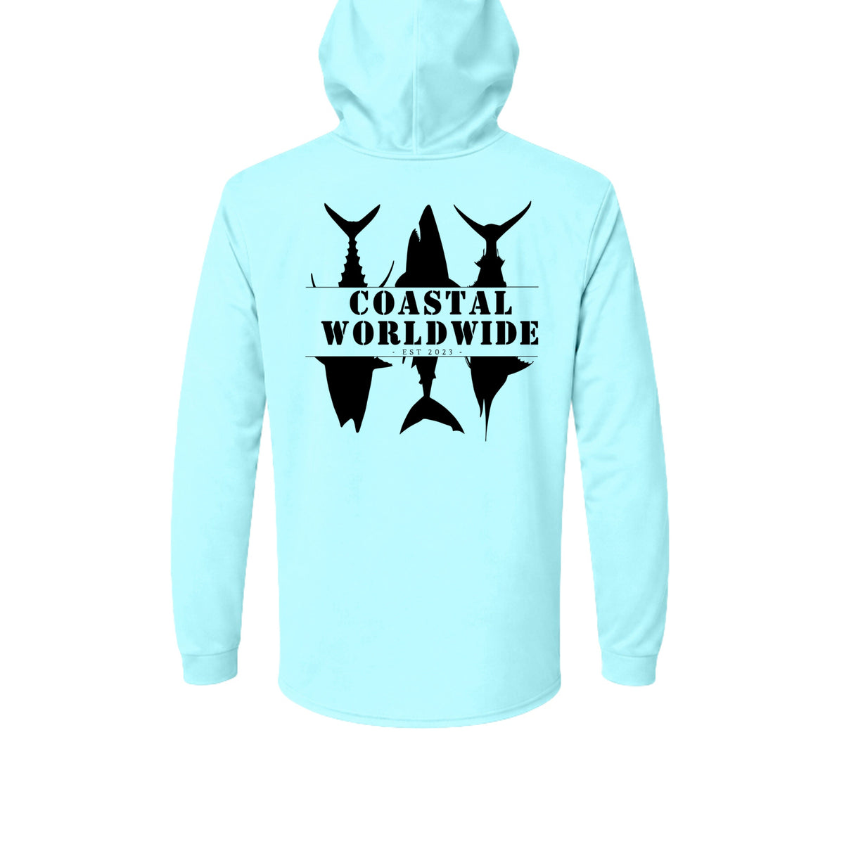 CWW Series UV Hooded in Aqua Blue, black ink, back view