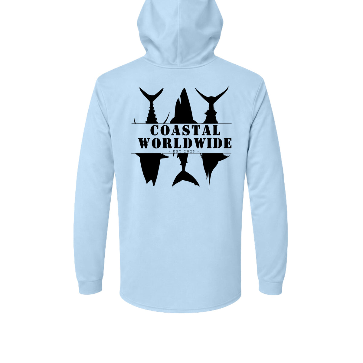 CWW Series UV Hooded in Blue Mist, black ink, back view