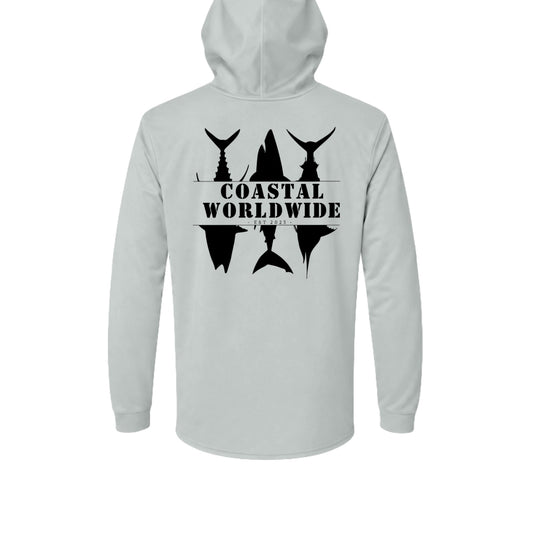 CWW Series UV Hooded in Medium Grey, black ink, back view