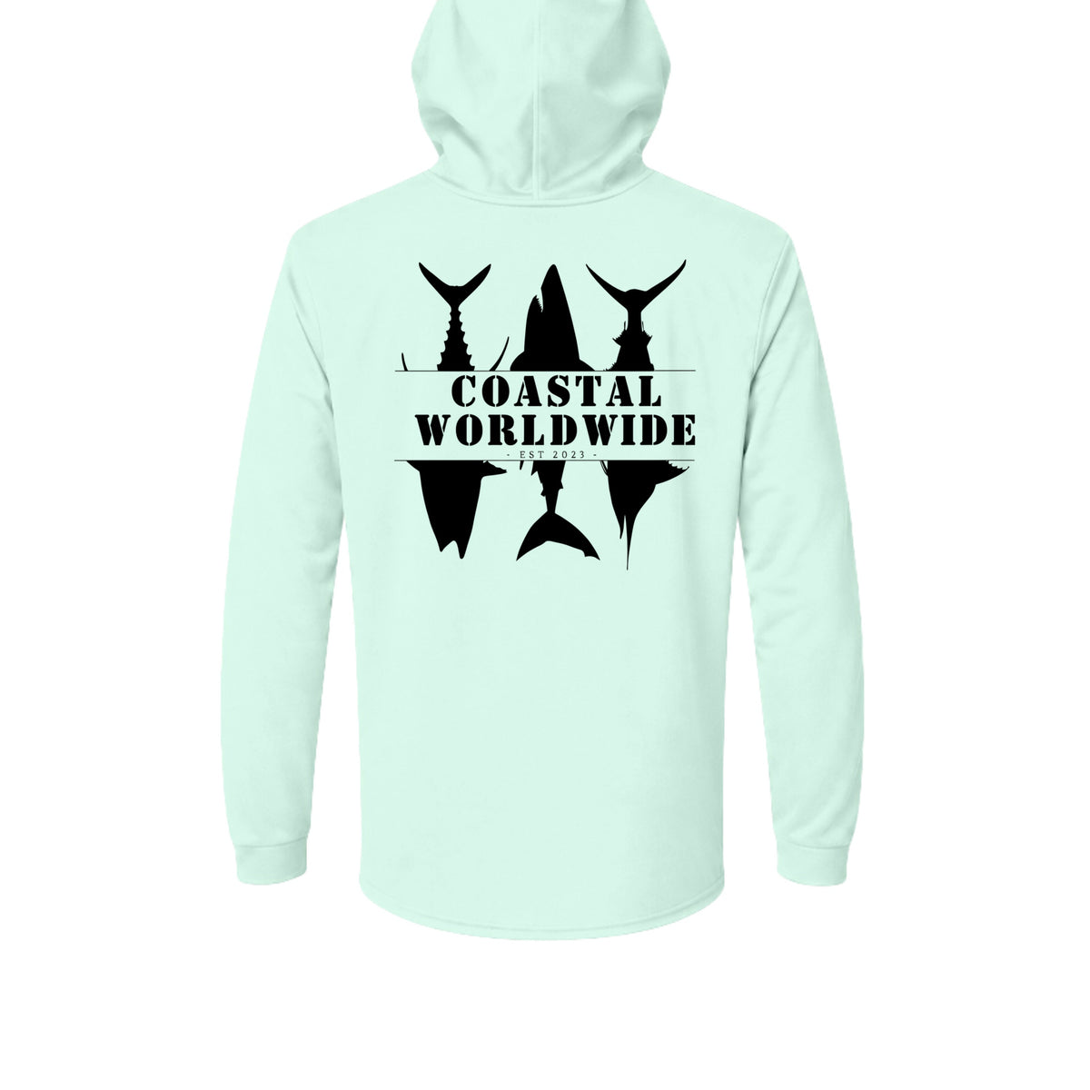 CWW Series UV Hooded in Mint Green, black ink, back view