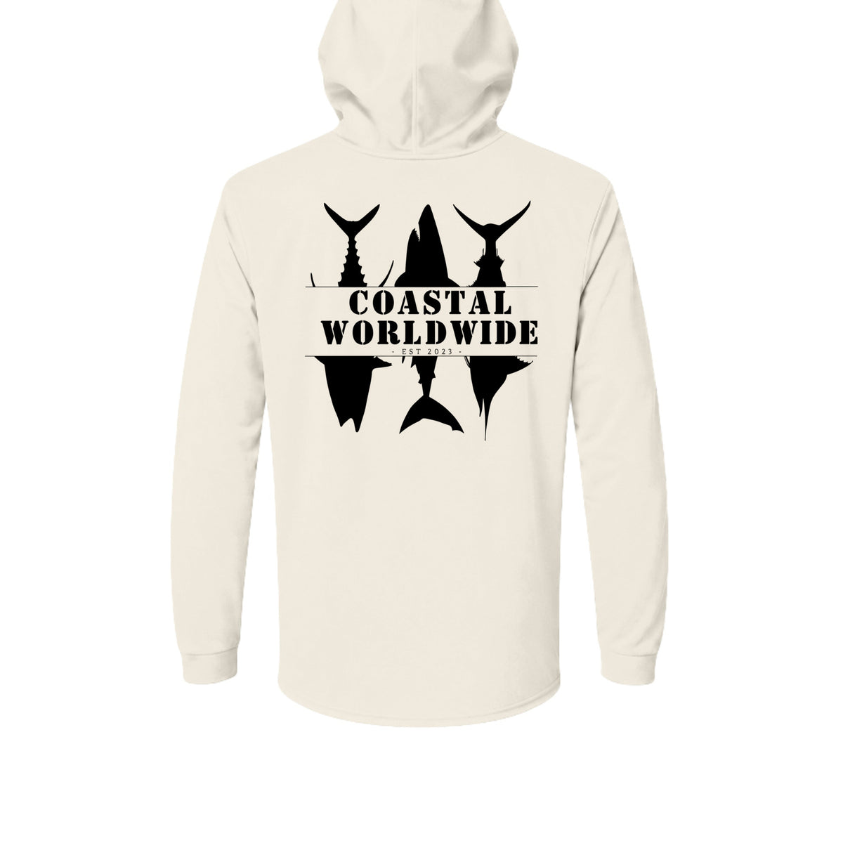CWW Series UV Hooded in Sand, black ink, back view