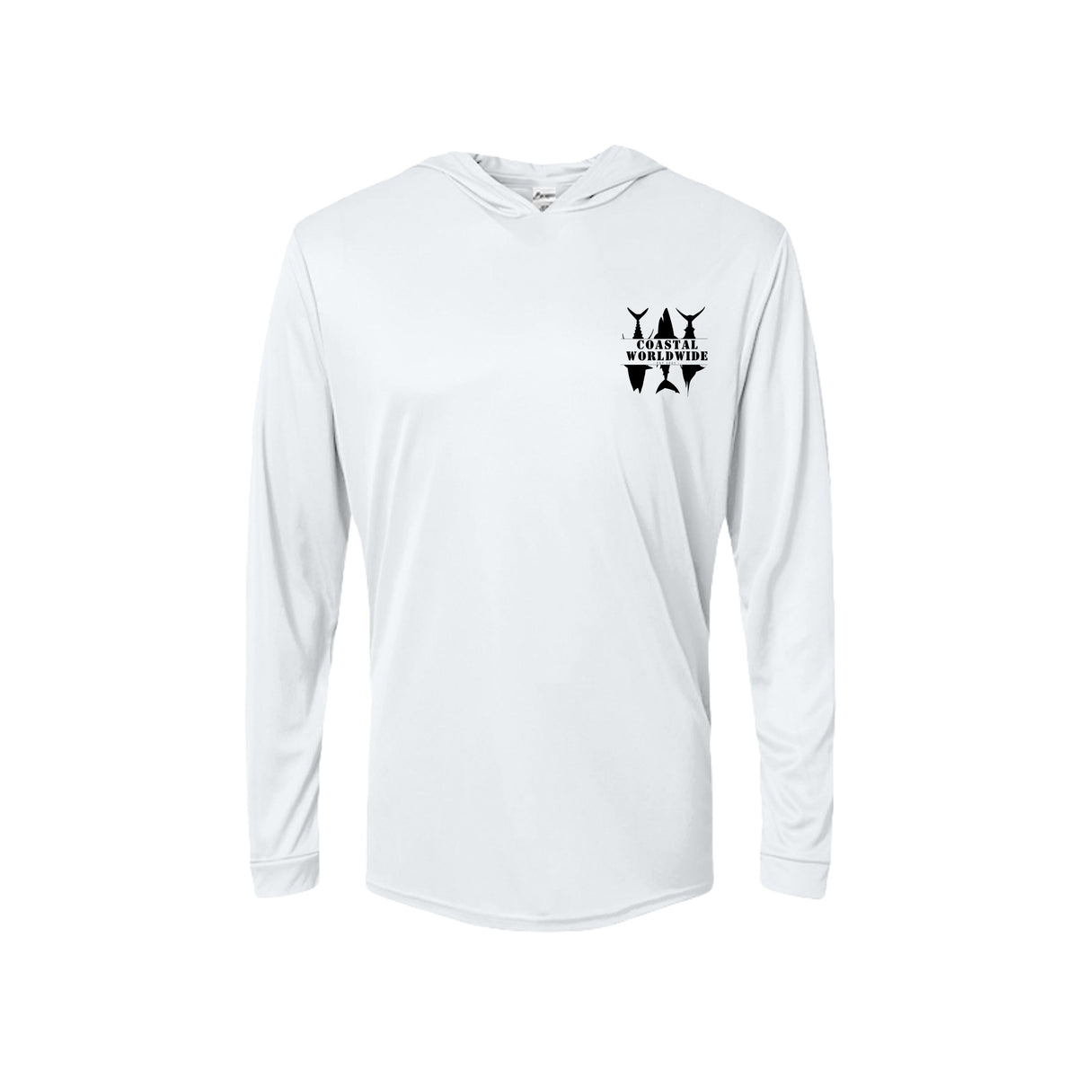 CWW Series UV Hooded in White, black ink, front view