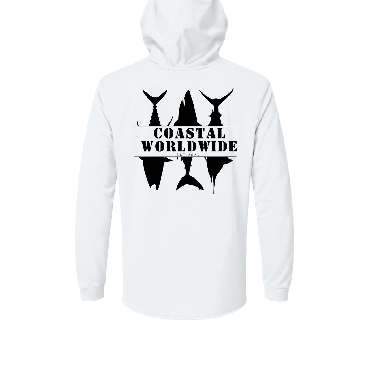 CWW Series UV Hooded in White, black ink, back view