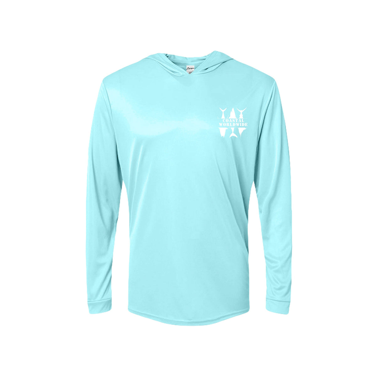 CWW Series UV Hooded in Aqua Blue, white ink, front view