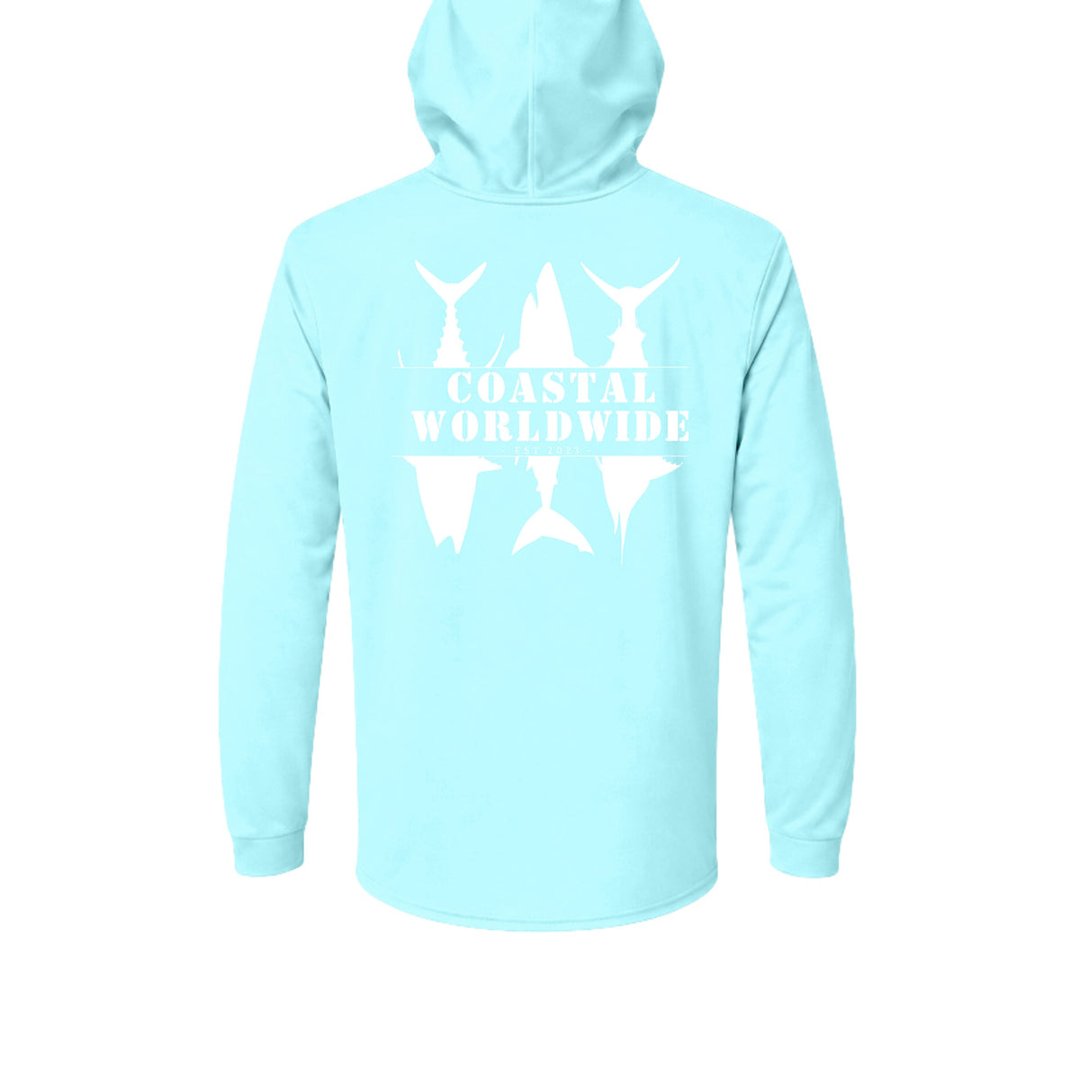 CWW Series UV Hooded in Aqua Blue, white ink, back view