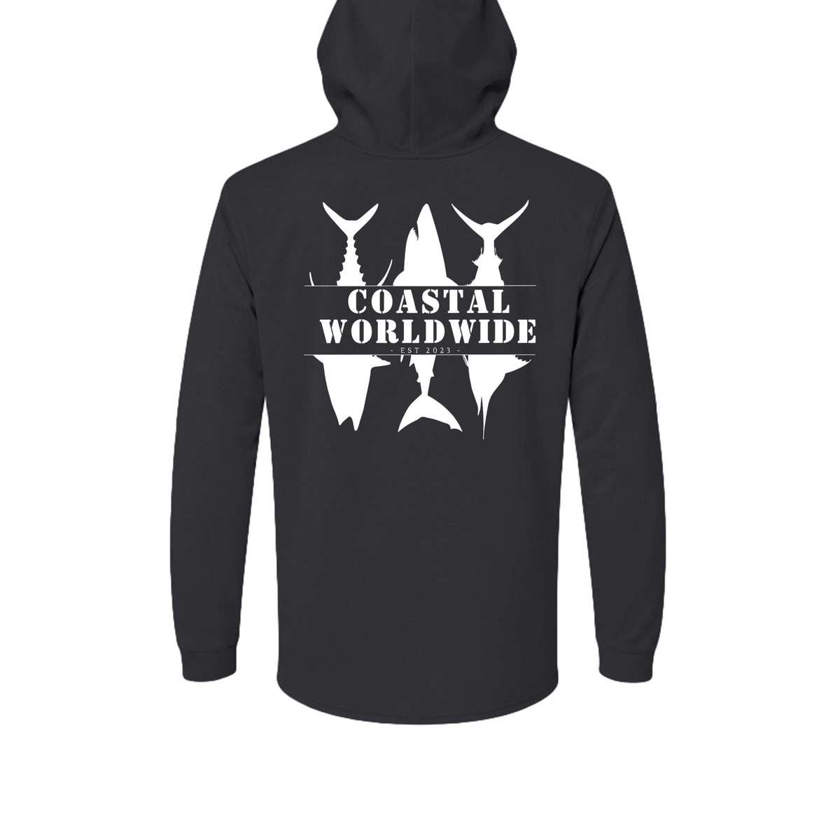 CWW Series UV Hooded in Black, white ink, back view