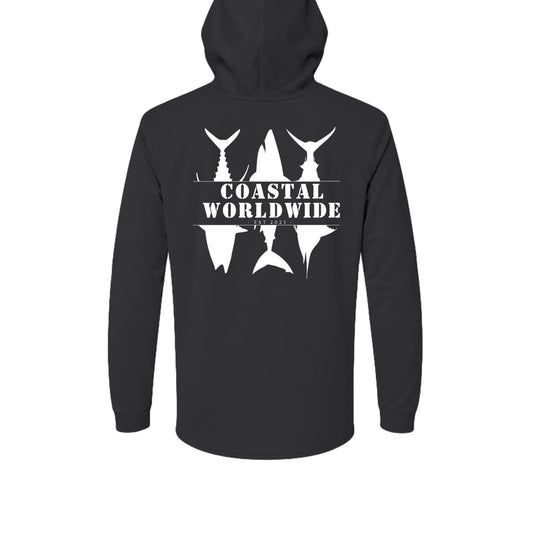 CWW Series UV Hooded in Black, white ink, back view