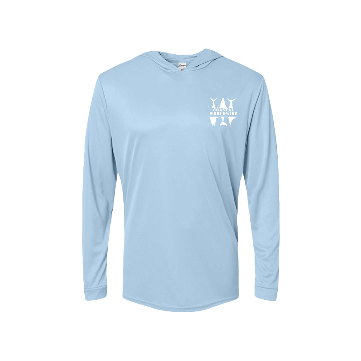 CWW Series UV Hooded in Blue Mist, white ink, front view