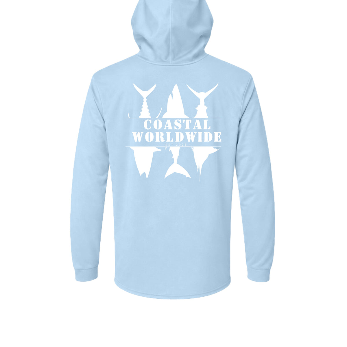CWW Series UV Hooded in Blue Mist, white ink, back view
