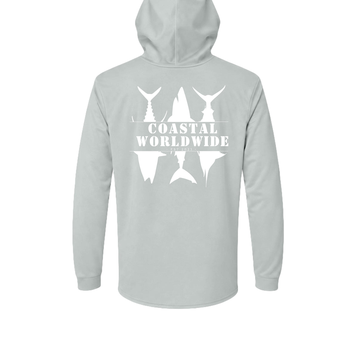 CWW Series UV Hooded in Medium Grey, white ink, back view