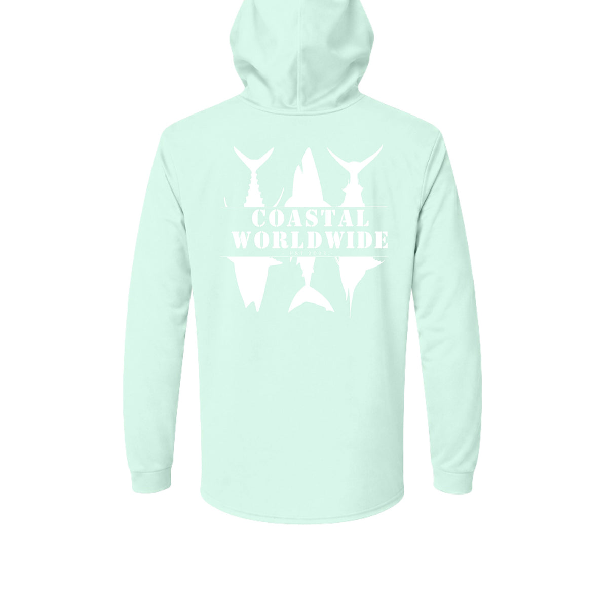 CWW Series UV Hooded in Mint Green, white ink, back view