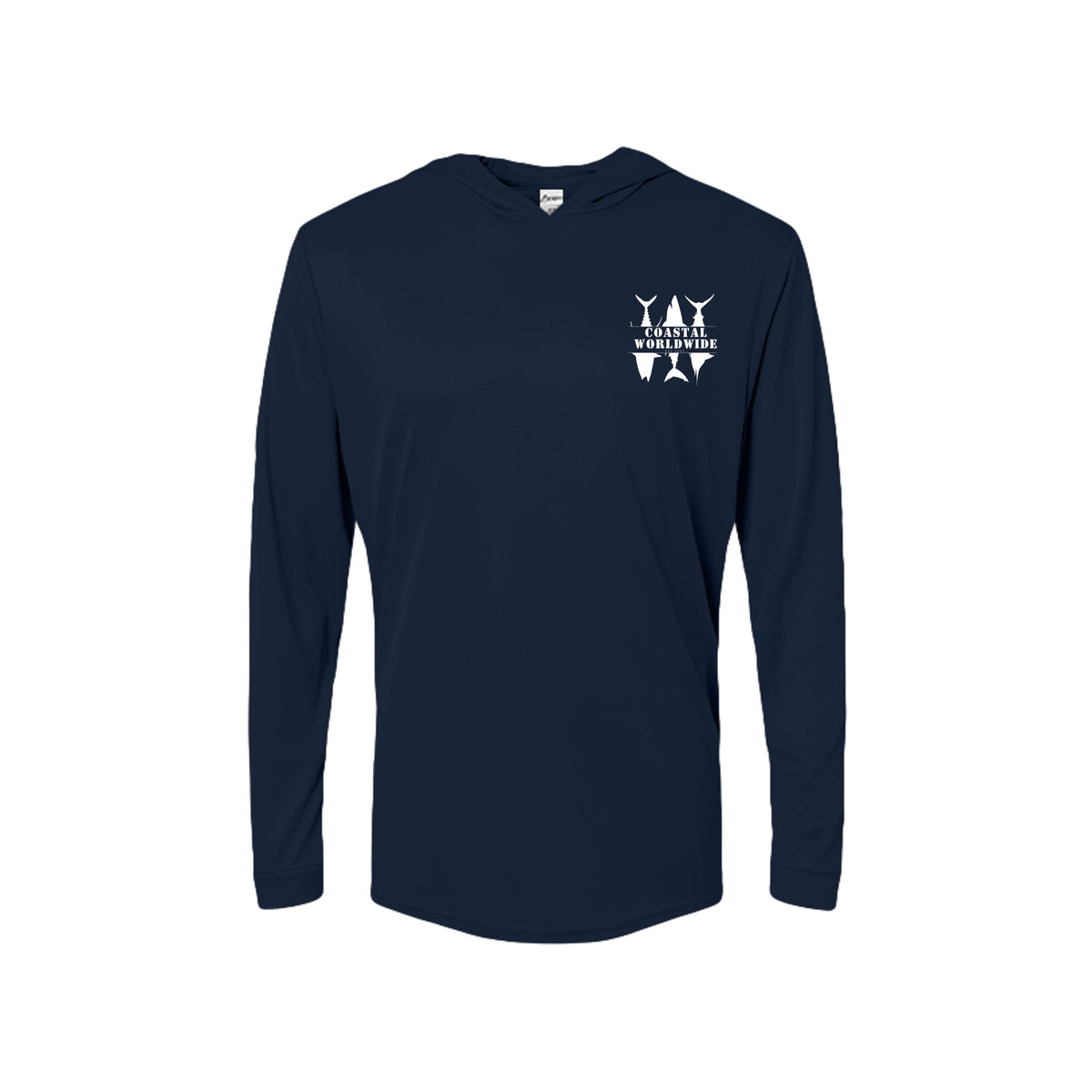 CWW Series UV Hooded in Navy, white ink, front view