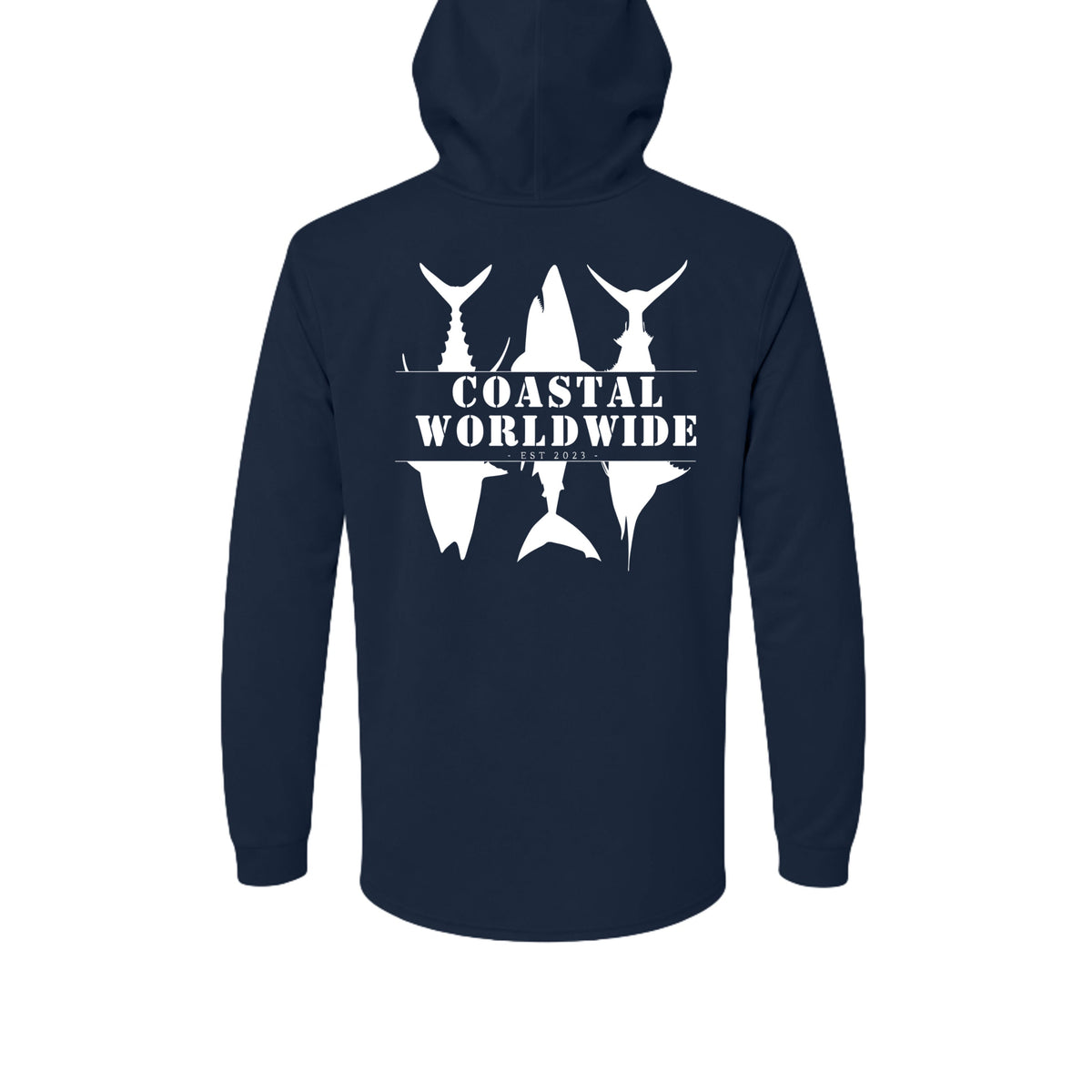 CWW Series UV Hooded in Navy, white ink, back view